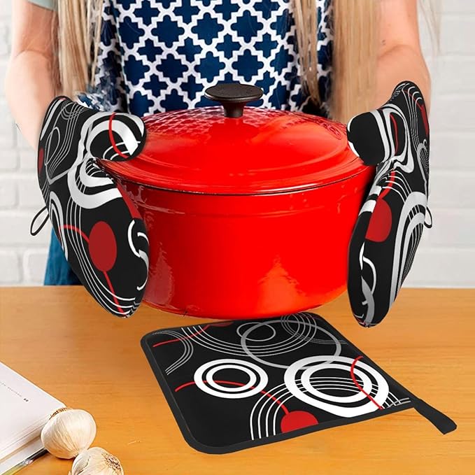 Modern Black Red Retro Oven Mitts and Pot Holders Sets of 3 Abstract Modern Hot Pads Heat Resistant Non Slip Washable for Cooking Grilling Baking BBQ Kitchen Decor
