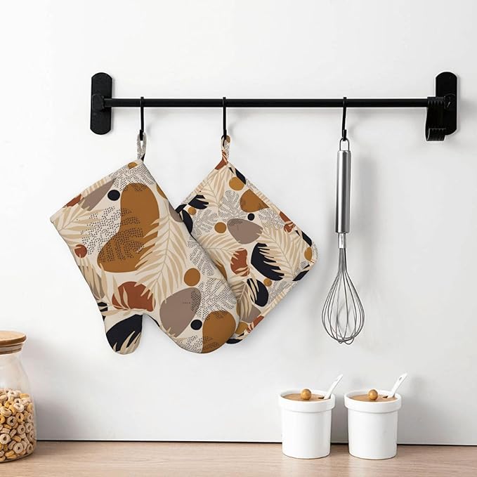 Boho Tropical Leaves Oven Mitts and Pot Holders 4 pcs Set Silicone Botanical Plant Kitchen Oven Mitt Gloves Farmhouse Pot Holders Non-Slip Heat Resistant Cooking Mitts Set for Kitchen Baking