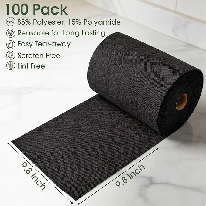 Microfiber Cleaning Cloth Roll - 100 Pack Tear Away Microfiber Paper Towels, Reusable, Washable, Scratch-Free, Kitchen Towels for Car, Home, Kitchen, Glass, Dishes (Black)