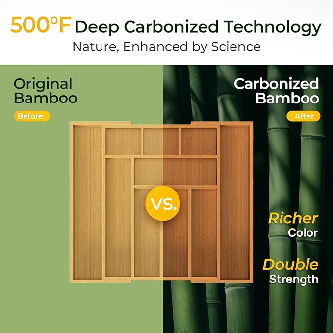 keechee 6-Piece Bamboo Drawer Organizer Set, 2.2" Deep Multi-Use Organizers for Utensils, Silverware, Cutlery, Desk, Bathroom, Junk Drawer & Makeup, Non-Slip Feet Included.