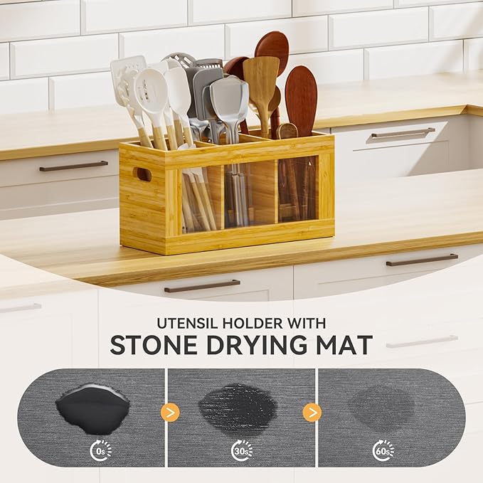 Yofidra Bamboo Utensil Holder & Silverware Organizer: Extra Large Cooking Holder with Absorbing Drying Stone and 6 Compartments Kitchen Countertop Storage Farmhouse Decor Accessories 11.8"X4.7"X5.9"