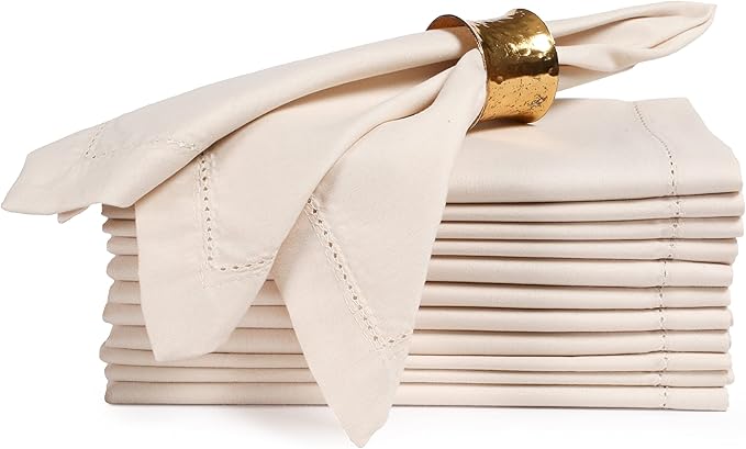 Ramanta Home 12 Pack Cloth Napkins 20x20 Inches, 100% Polyester Napkins with Hemmed Edges, Washable Reusable Dinner Napkins Ideal for Parties, Weddings, Dinner Table, Hotels and Banquets -Beige