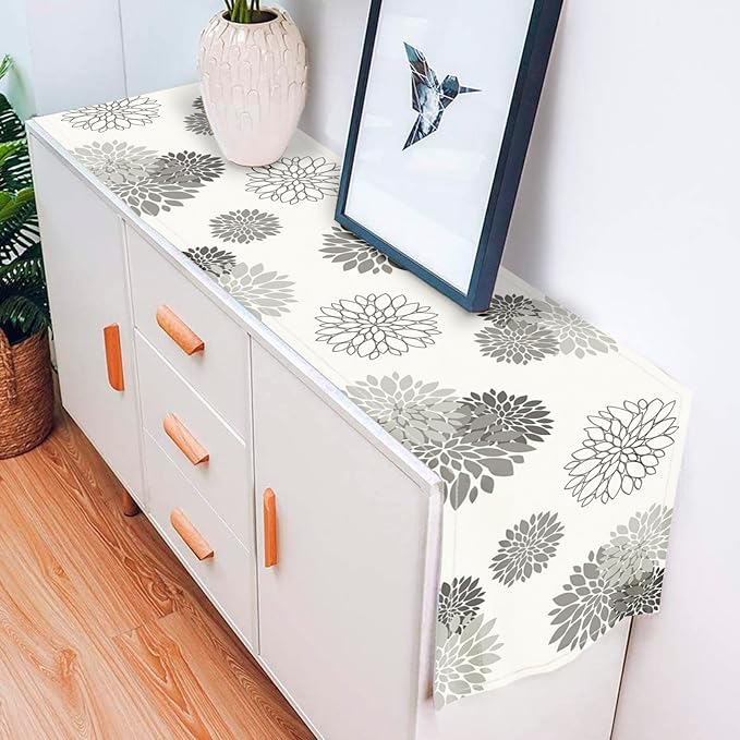 Gray Dahlia Table Runner Modern Elegant Flower Beige Table Runners Geometric Pompon Farmhouse Coffee Table Center Decor for Home Kitchen Dining Party Indoor Outdoor (13x36 Inch)
