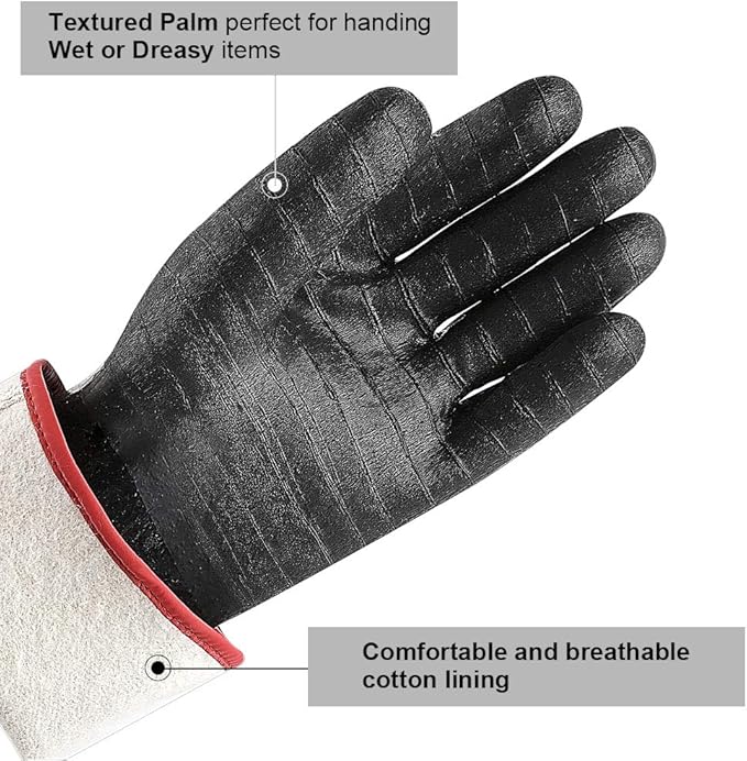932°F Extreme Heat Resistant Gloves for Grill BBQ,Aillary Waterproof Long Sleeve Pit Grill Gloves for Fryer, Baking, Oven,Smoker,Fireproof, Oil Resistant Neoprene Coating（14-Inch ）