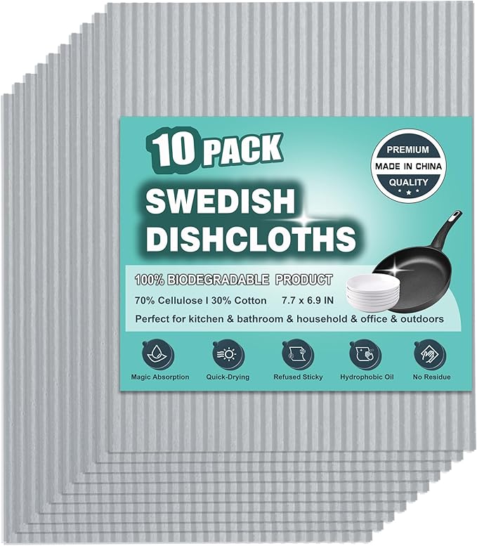 METUUTER 10 Packs Swedish Dishcloths, Reusable Kitchen Dishcloths Compostable Cellulose Dish Clothes for Kitchen and Household Use (Grey)