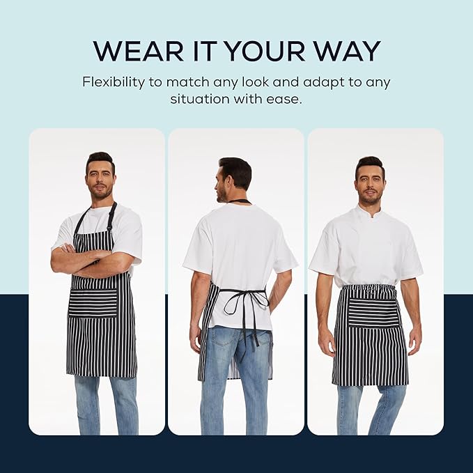 Will Well Kitchen Apron for Men and Women - 33" x 27" Oil-and-Water-Resistant with Adjustable Neck Strap and 38" Waist Ties for a Snug Fit, Lightweight with 2 Front Pockets - 6-Pack, Black