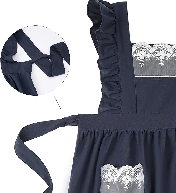Aoomzoon Vintage Aprons for Women with Pockets Cute Lace Ruffle Adjustable Apron for Cooking Kitchen Baking Gardening