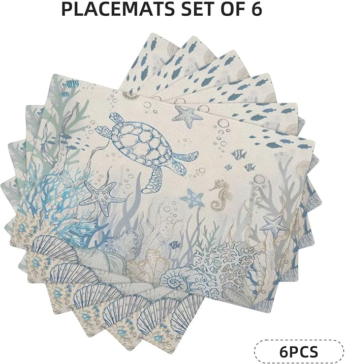 Nautical Coastal Placemats 12x18 Inch Set of 6, Turtle Coral Starfish Seashell Ocean Themed Table Place Mat Beach Coastal Washable Table Mats Decorative Linen Fabric Table Mat for Dining Table
