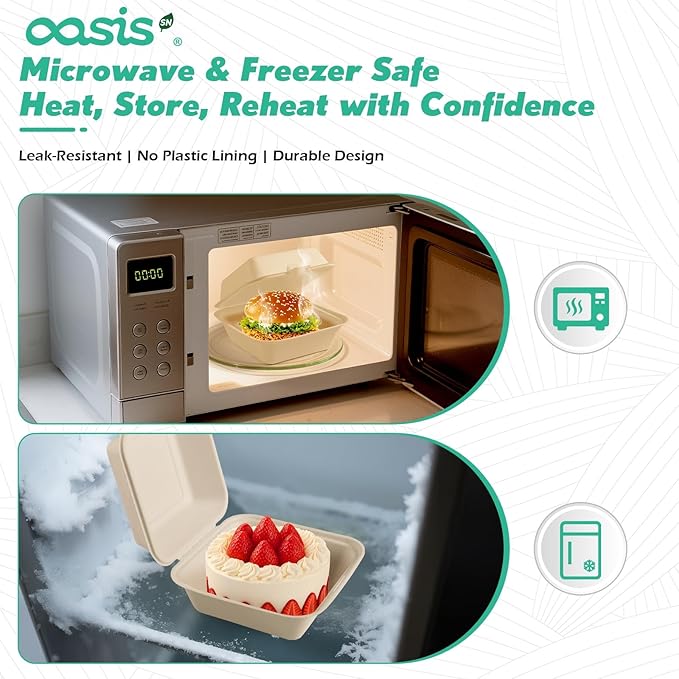 𝟲𝘅𝟲", 𝟭𝟮𝟴-𝗣𝗮𝗰𝗸 Compostable Clamshell Take Out Food Containers, Biodegradable Bagasse Paper To-Go Boxes for Burgers, Sandwiches, Cake, Eco-Friendly, Microwave & Freezer Safe (Natural)