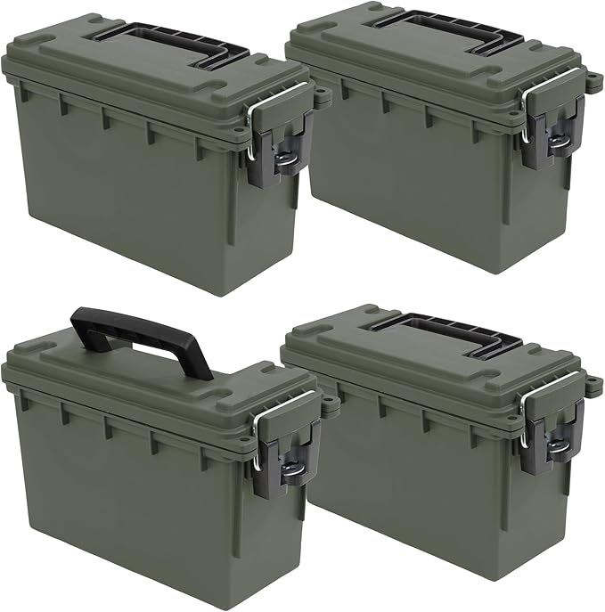 Sheffield 12757 4-Pack Ammo Storage Box, Stackable .30 Cal Field Boxes, Water and Dust Resistant, Lockable Storage Box with Handle, Secures Hunting Gear, Supplies, and Bullets, Made in USA, Green