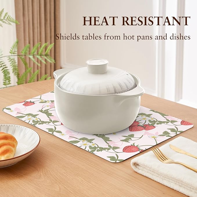 QiyI Placemats Set of 6, 12x18 Inch Faux Leather Place Mats for Kitchen Dinning, Heat Resistant Anti Slip Pink Table Mats, Waterproof Wipeable Washable Placemat Party Table Décor, Sweet Strawberry