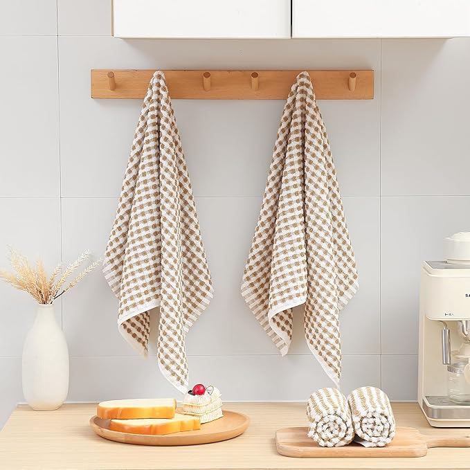 SALAS Cotton Dish Towels Cloths for Kitchen Drying Dishes, Lattice Terry Towels, Highly Absorbent Kitchen Cloths with Hanging Loop, 16‘’ x 26‘’,4 Packs, Beige