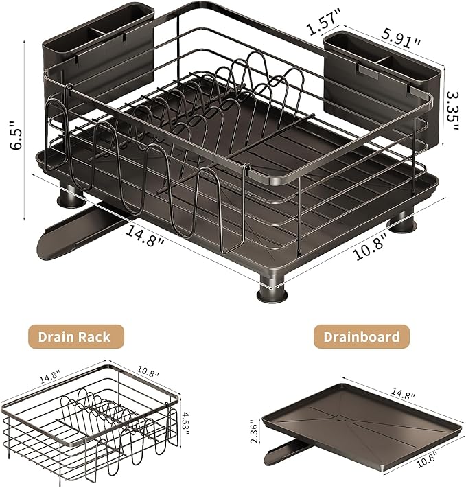 PureBox Dish Drying Rack with 2 Utensil Holders, Rustproof Metal Kitchen Counter Organizer with Cup Holder & Drain Board, Large Capacity Dish Rack for Sink, Black