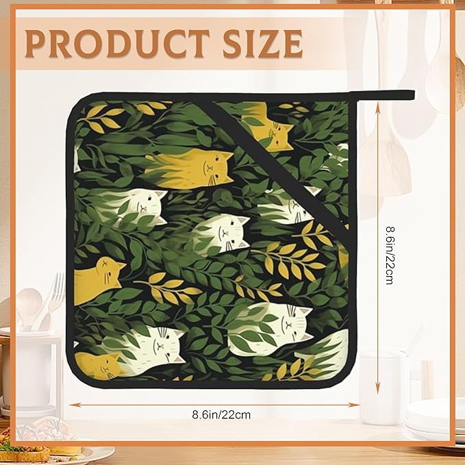 Cute Cats and Green Plants Pot Holder Set of 2,Kitchen Heat Resistant Potholder for Women Men BBQ Cooking Baking