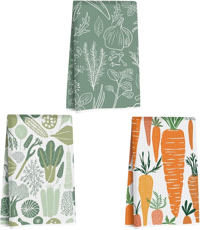 3Pcs Vegetables Kitchen Towels 24x14 Inch, Carrot Garlic Eggplant Decor Microfiber Dish Cloth Tea Towel, Waffle Absorbent Hand Towels for Kitchen Farmhouse Decor, Housewarming Gifts for Women Mom