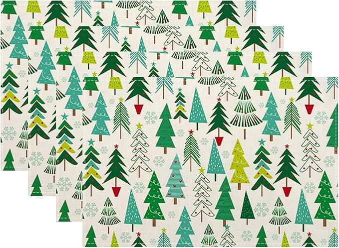 Christmas Placemats Set of 4 Sage Green Christmas Trees Decor Place Mats 12x18 Inch Snowflake Xmas Winter Holiday Decorative Linen Table Mats for Home Kitchen Dining Party Table Decoration