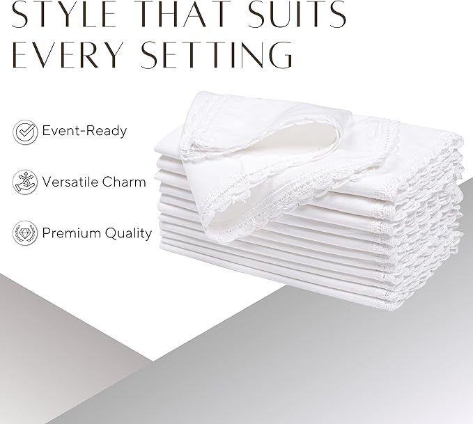 Ramanta Home White Coth Dinner Napkin Set of 12 Premium Easter Cotton 20X20 Inch Oversized Linen Flax Lace Soft & Durable Washable Ideal for Spring Basket Decor, Wedding Parties, Birthday