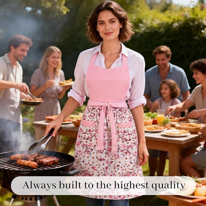 Cute Floral Aprons for Women with Pockets,Cotton Adjustable Neck Strap Apron for Kitchen Cooking Baking Gardening