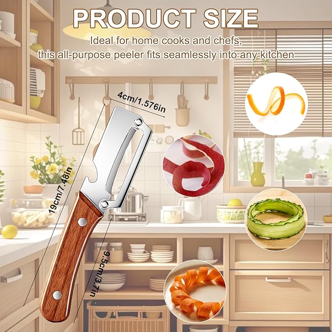 Multifunctional Vegetable Peeler, 2-in-1 Stainless Steel Fruit and Vegetable Peeler with Wooden Handle & Bottle Opener, Potato Peeler for Kitchen (2 PCS)
