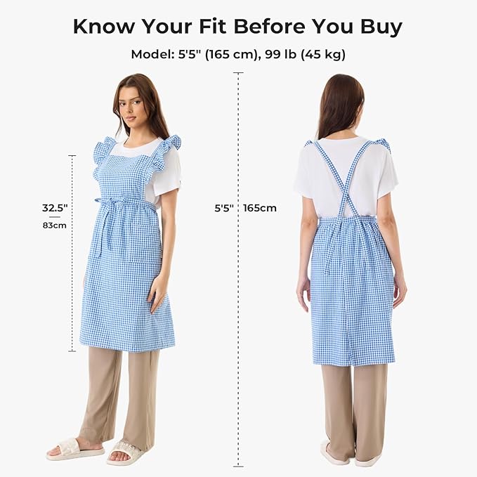 Vintage Gingham Apron for Women, Ruffle Straps, 2 Pockets, Soft Cotton, Apron Dress Style for Cooking & Baking