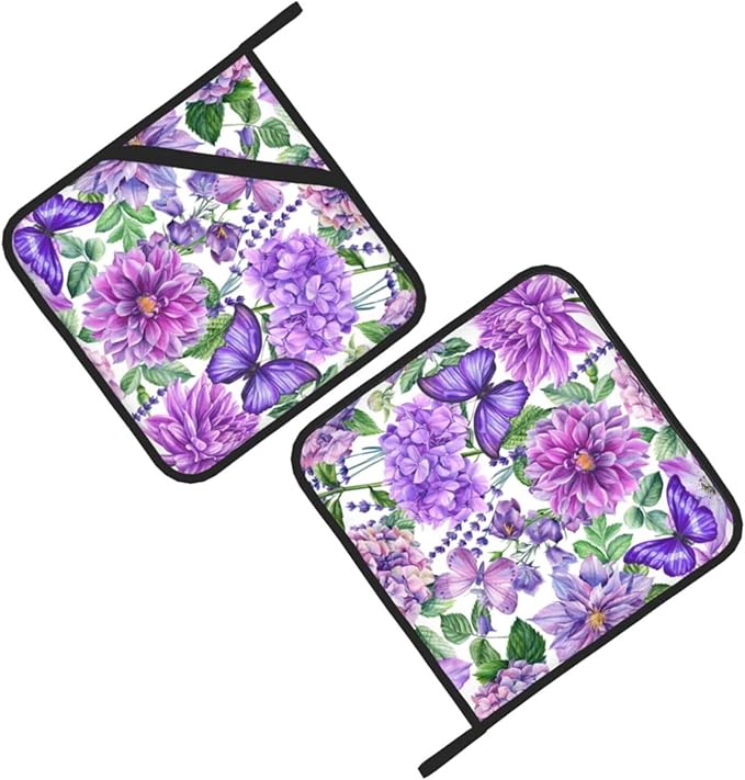 Pot Holders 2PCS Purple Flower Butterfly,Kitchen Heat Resistant Pot Holder for Women Men Home Cooking Baking Microwave BBQ Gifts