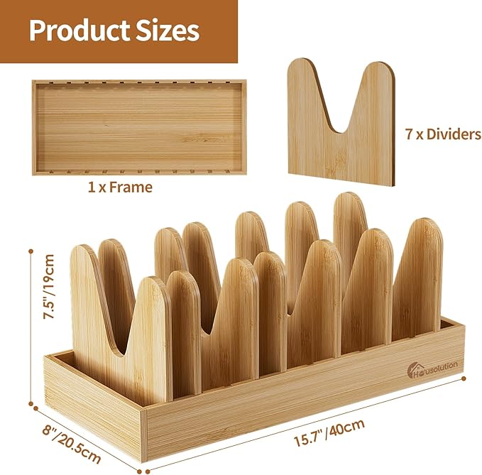 Housolution Bamboo Pot and Pan Organizer for Cabinet, Pot Lid Organizer with 7 Adjustable Dividers, Pan Holder Storage Rack with Solid Bamboo Wooden Base