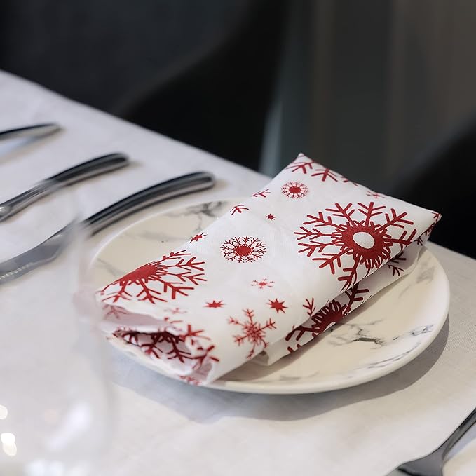 100% Pure Linen Dinner Christmas Cloth Napkins 15 x 15 Inch Snowflake Pattern - Set of 6 Pack European Flax Natural Fabric Washable for Home and Kitchen