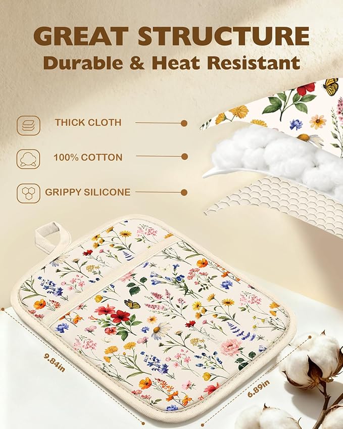 Slohif Silcone Flowers Pot Holders for Kitchen - 100% Cotton Beige Cute Oven Potholders with Pockets, Heat Resistant Square Thick Hot Pads, House New Home Baking Baker Gifts,2pack