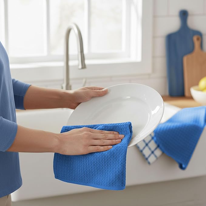 GOLD TEXTILES Kitchen Towels 12 Pack Premium 100% Cotton Dish Towels for Kitchen (15 x 25 Inches) Super Soft & Absorbent Kitchen Hand Towels for Drying Dishes, Cleaning - Reusable and Washable (Blue)