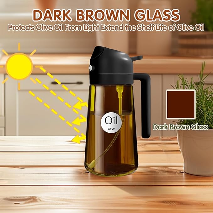 YARRAMATE 2PCS 16oz/470ml Oil Sprayer for Cooking with Stickers, Food-Grade 2 in 1 Olive Oil Dispenser Bottle for Kitchen, Premium Dark AmberGlass Oil Bottle for Air Fryer, BBQ (Black & Green)