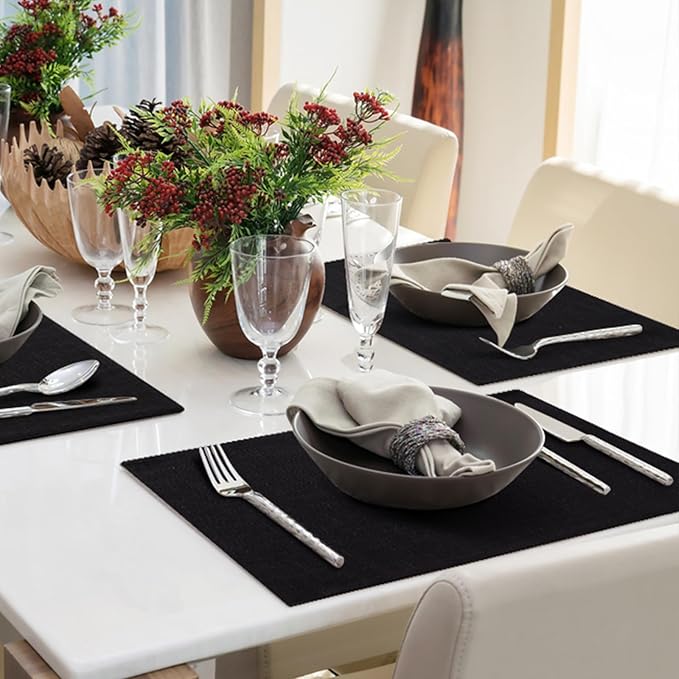 homing Cotton Linen Placemats Set of 8, Cloth Washable Farmhouse Dining Table Mats for Indoors & Outdoors, Easy to Clean, Black, 13 x 19 Inch
