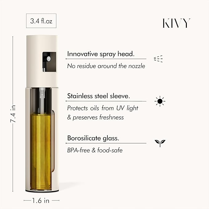 KIVY Glass Oil Sprayer Set of 2 for Cooking, Salads, BBQs & Airfryer – Innovative Spray with Portion Control - Oil Spray Bottle with Stainless Steel Body - Olive Oil Sprayer - Cooking Oil Mister