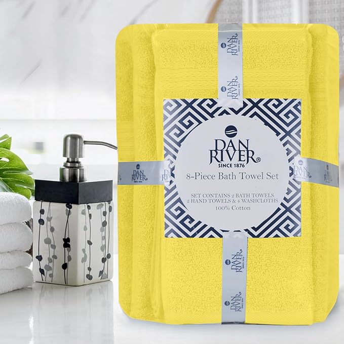 DAN RIVER 8 PC Luxury Bath Towels for Bathroom, 2 Bath, 2 Hand, and 4 Wash Cloths, 600 GSM 100% Ring Spun Cotton Towel Set, Highly Absorbent, Gym, Hotel, and Spa, Yellow