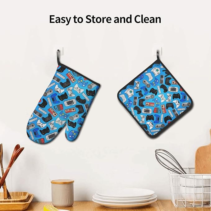 Video Game Controller Background Oven Mitts and Pot Holders Colorful Heat Resistant Oven Mitts Safe for Baking Cooking BBQ