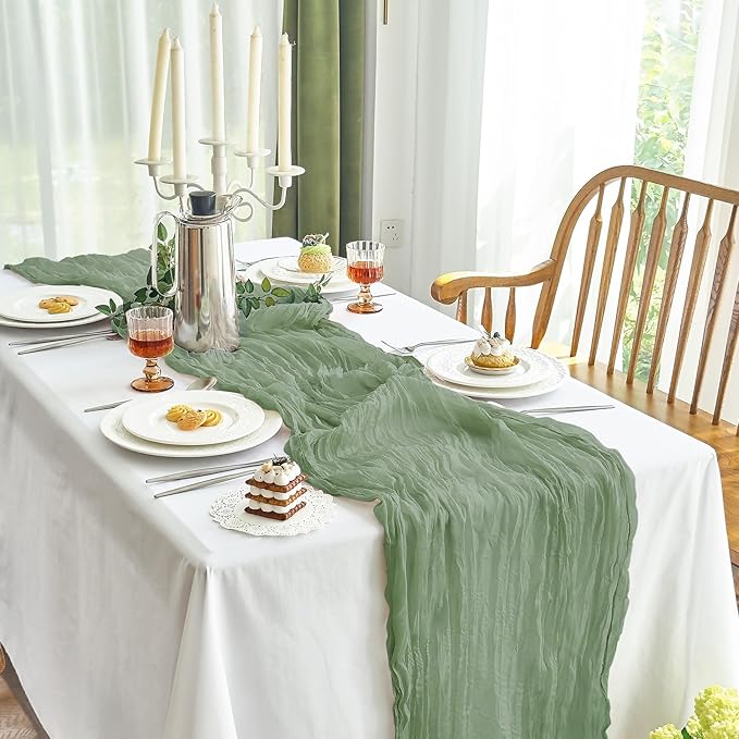 IVAPUPU 2 Pcs Cheesecloth Table Runner - 10ft Sage Green Boho Gauze Cheese Cloth Table Runners for Baby Shower Decorations Wedding Party Spring Garden Farmhouse