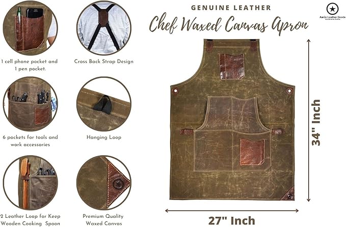 One Size Fits Utility Apron | Adjustable Cross-Back Straps | Multi-Use Shop Apron With Tool Pockets By Aaron Leather Goods (Green, Canvas Leather)