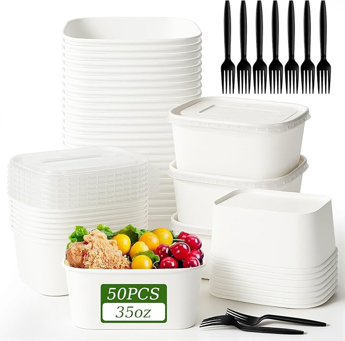 DI QIU REN 50-Pack 35oz Disposable Meal Prep Containers with Lids & Forks, Kraft Paper Bowls To Go Take Out Food Containers with Lids, Microwave & Freezer Safe (White Kraft Paper, 35oz 50 Count)
