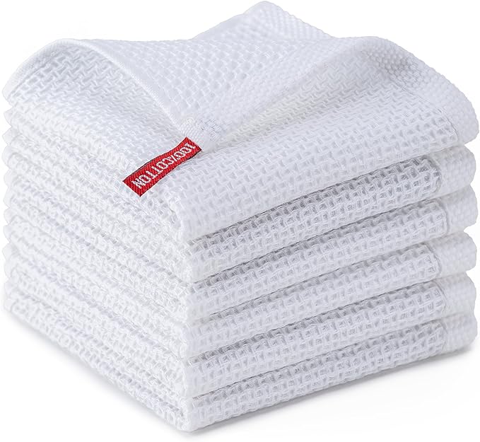BOOMIBOO 6-Pack Kitchen Dish Cloths, 100% Cotton Waffle Weave, Ultra Soft Absorbent, Quick Drying Dish Towels, 12x12 Inches,White
