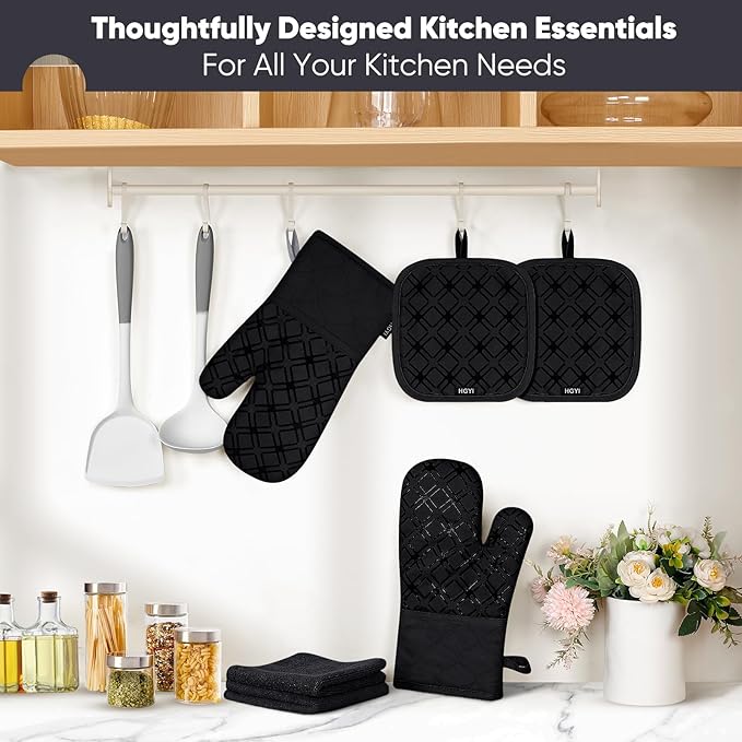 Oven Mitts and Pot Holders Set with Dishcloths, 500 Degree Heat Resistant Oven Gloves and Hot Pads, Premium Soft Cotton Kitchen Mittens and Dish Cloth Sets-Black