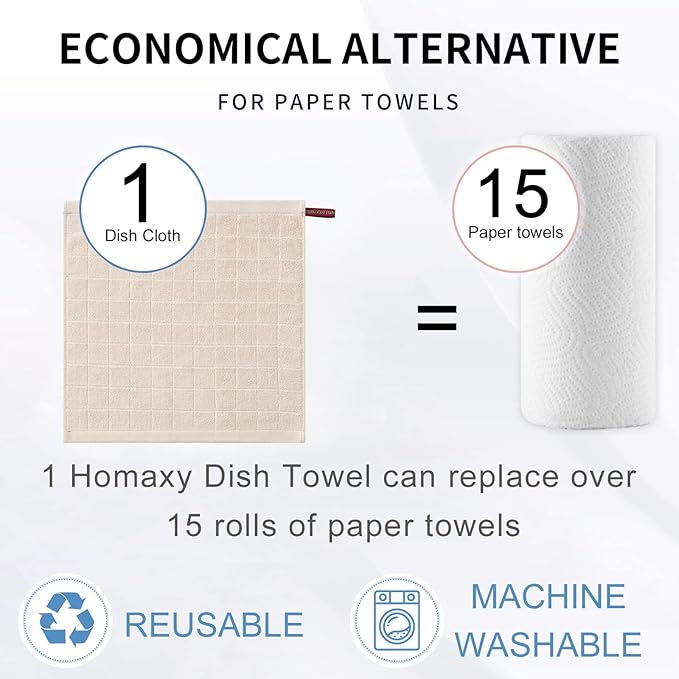 Homaxy 100% Cotton Terry Kitchen Dish Cloths, Ultra Soft and Absorbent Dish Towels for Kitchen, Suitable for Drying and Washing Dishes, 4 Pack, 12 x 12 Inches, Beige
