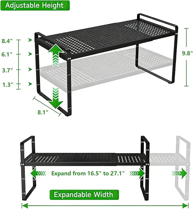 Expandable Cabinet Organizer Shelf - Adjustable Width (16.5”-27.1”), Stackable, Heavy Duty 80 lbs, for Kitchen Pantry, Countertop, Office, Spice Rack - Black, Small Size, 1 Pack