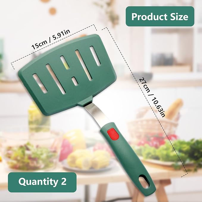 2 Pack Silicone Large Pancake Spatula Turner for Nonstick Cookware, Extra Wide Spatula for Cooking, Flexible Fish Turner, Slotted Spatulas for Eggs Omelette Flipping, Dishwasher Safe (2 Pack Green)