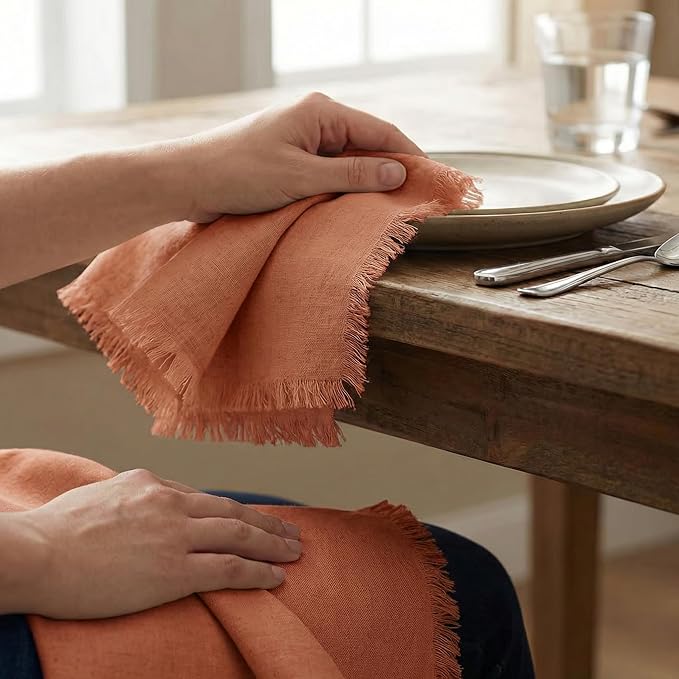 ACCENTHOME Rust Cotton Linen Napkin Set of 12 18x18 inch Dinner Napkins - Washable Soft Premium Hotel Quality Reusable Hemmed Edges Napkins Perfect Table Linens for Family Dinners, Weddings