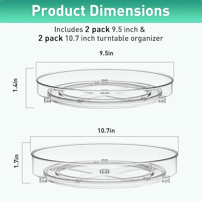 Optish 4 Pack Lazy Susan Organizer, 9.5 Inch, 10.7 Inch Lazy Susan Turntable for Cabinet, Turntable Organizer for Pantry Organizers and Storage, Non-Skid Fridge Organizer
