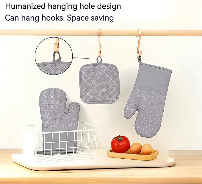 Oven Mitts and Pan Racks 4-Piece Set, Extended Kitchen Oven Mitts and Pan Racks, Heat Resistant 500 °F, Silicone Non-Slip Surface for Baking and Cooking (Grey)