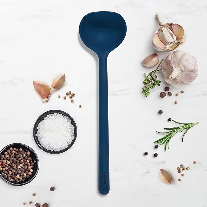 GreenPan Silicone Ladle, Soup Mixing Stirring Serving, Cooking Kitchen Utensil, Flexible Rubber Nonstick Cookware, Rigid Steel Core, Heat-Resistant, Anti-Slip Handle, BPA-Free, Dishwasher Safe, Blue