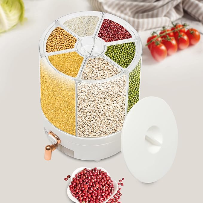 360° Rotating Grain Dispenser With 6 Grids, 13.2lbs Large Capacity Grain Dispenser Rotating Kitchen Storage Containers With Sealed Lid For Peanut Barley Millet And Cereal (White, 14.3 lbs)