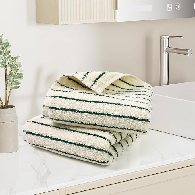 Jacquotha Green Striped Hand Towels for Kitchen, Vintage Bathroom Decor, Natural Cotton Tea Towel, 14” x 29”