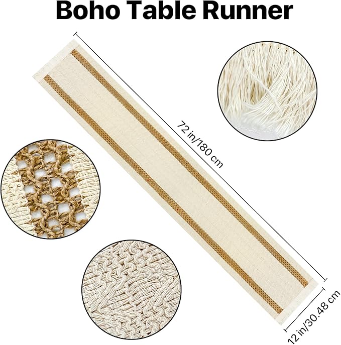 Niviy Round Woven Placemats Set of 4, with 72 Inches Long Farmhouse Macrame Table Runner Burlap Cotton Linen Table Runners Chargers for Dinner Plates, Beige & Brown