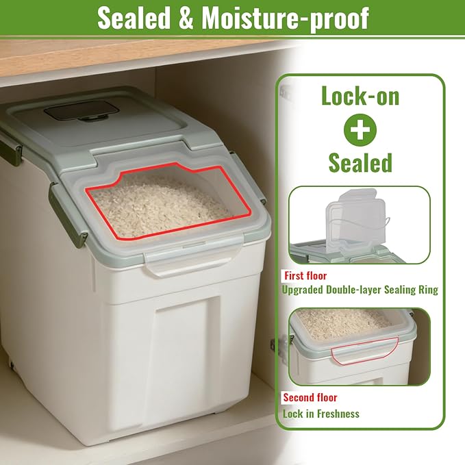 2 Pack Rice Container 50 lbs Large Bulk Flour Sugar Storage Holdhouse Plastic Grain Cereal Dry Goods Bin with Spoon and Measuring Cup for Kitchen Pantry Organization - Green